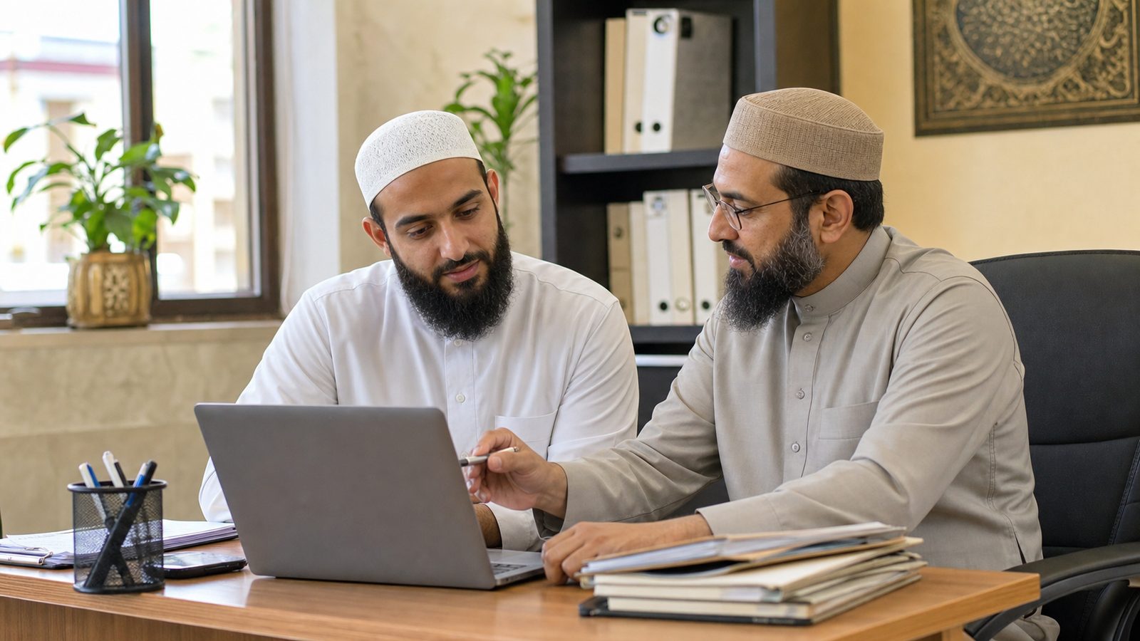 Team members review contributor records in an office