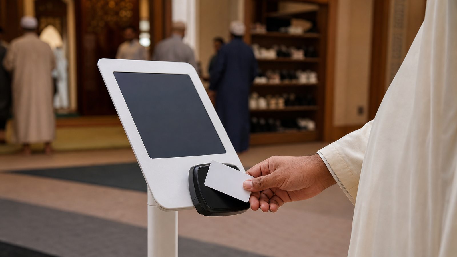 A hand taps a card at a tablet sadaqah kiosk