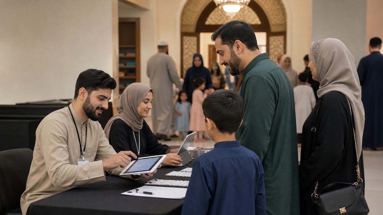 Volunteers use a tablet to check in families for a programme